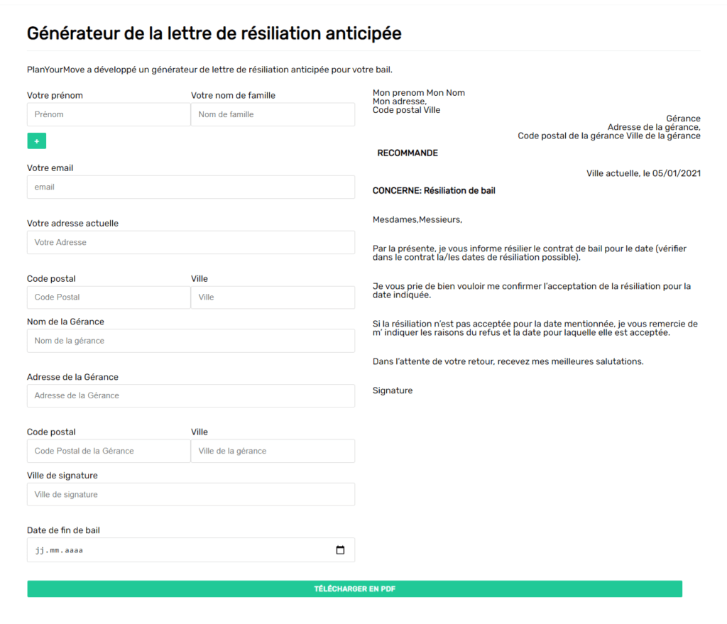 Screenshot Planyourmove Generator - Brief mit vorzeitiger Kündigung